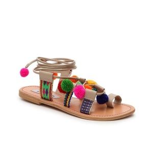 Steve Madden | Ankle Wrap Pom Pom Sandals Flats